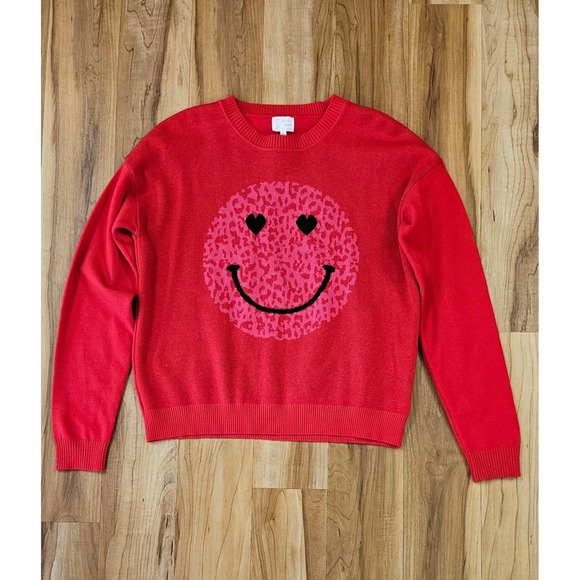 Smiley Sweaters - Dee Elly Women's Size Small Red Smiley Face Knit Long-sleeve Sweater